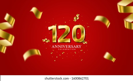 120th anniversary . Gold Numbers with shadow and sparkling confetti. Modern elegant gradient red background design vector EPS 10. For wedding party or company event decoration.