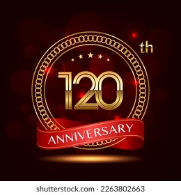 120th Anniversary logo design with golden number and red ribbon for anniversary celebration event, invitation, wedding, greeting card, banner, poster, flyer, brochure, book cover. Logo Vector Template