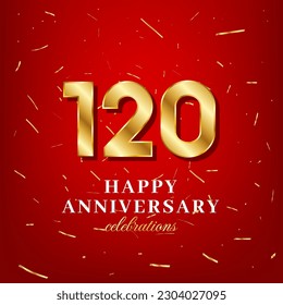 120th anniversary vector template with a golden number and golden confetti spread on a red background