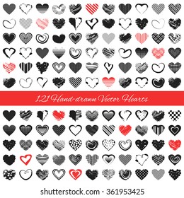121 Hand-drawn romantic hearts. Vector illustration for cute design. Pretty symbol for Valentines day card and invitation. Set of scrapbooking elements. Red, black colors isolated on white background.