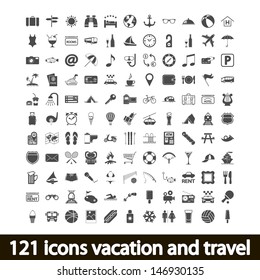 121 icons vacation and travel. Vector illustration.