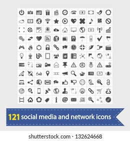 121 Iconos de redes y medios sociales. Ilustración vectorial.