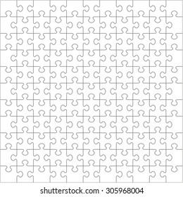 121 White Puzzle Pieces Arranged in a Square - JigSaw - Vector Illustration