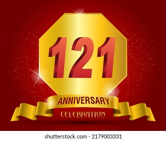  121 years anniversary logo template. Red numbers with golden ribbon.