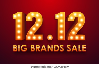 12.12 Venta de Big Brands. Cartel retro de marco de bombilla de texto para banner de marketing. Ilustración del vector