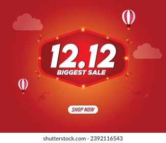 12.12 Biggest Sale Banner Design. Biggest Offer Sale Banner Design for Social Media and Website Post Template in Orange Theme with Hot Air Ballon and clouds. Happy Holidays and Christmas Eve.
