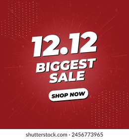 12.12 Biggest Sale Text Vector Poster or Banner Design With Background Effects. Social Media Post Template in Gradient Red Theme. Happy Holidays and Christmas Eve. Sale Offer, Campaign or Promotion.