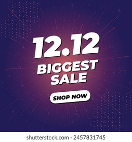 12.12 Biggest Sale Text Vector Poster or Banner Design With Background Effects. Social Media Post Template in Purple Theme. Happy Holidays and Christmas Eve. Special Sale Offer, Campaign or Promotion.