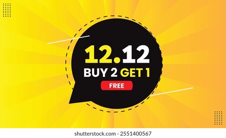 12.12 Buy 2 Get 1 Free sticker banner: sleek vector design with bold black shapes, vibrant yellow-white text, gradient yellow background, and dynamic red accents. Perfect for business promotions!