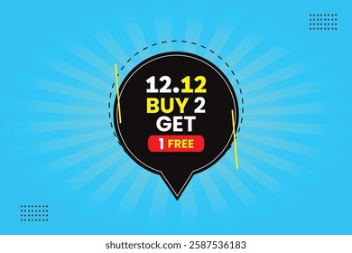 12.12 buy 2 get 1 free sticker vector illustration banner design for your business with black color shapes and yellow white bold text yellow gradient background and red shapes vector illustration.