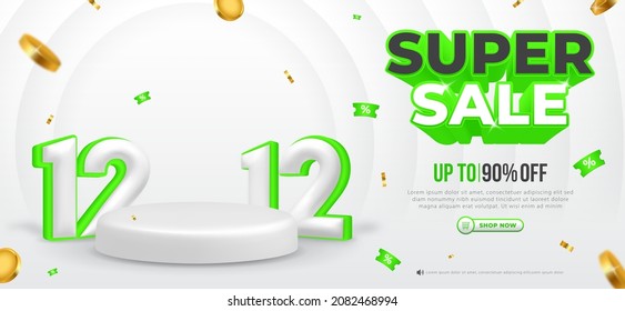 1212 discount sale 3D horizontal banner vector template, splashing gold coins, abstract background