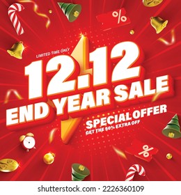 12.12 End year sale 3D realistic vector sale banner with Christmas elements.