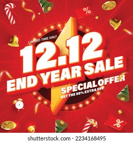 12.12 End year sale 3D realistic vector sale banner with Christmas elements.