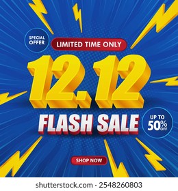 12.12 Flash Sale Banner Promotion Design. Special offer banner on blue background for online shop, coupon, voucher, web, social media post. Discounts up to 50% Discount.