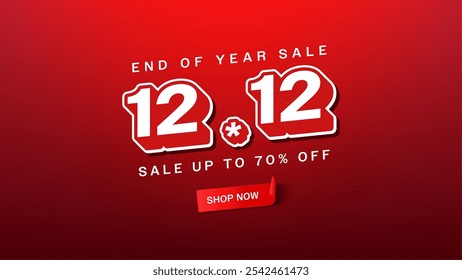 12.12 Flash Sale shopping banner with Red Ribbon Label Sticker curl,3D Minimal long shadow text with thunder icon, gradient background for End of year Sale campaign, special offers Christmas Sale