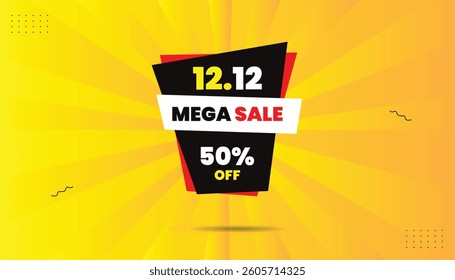 12.12 Mega sale 50% off editable eps format banner template design vector illustration icon sticker label black white red shapes with yellow orange hot abstract background illustration