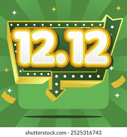 12.12 Mega Sale banner featuring bold numbers in a neon sign style, dotted arrows, vibrant green background, and confetti. Highlighting big discounts and exciting offers!