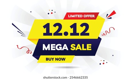 12.12 Mega Sale buy now limited offer editable banner template design featuring a light yellow and dark blue gradient white background and bold red shapes perfect for promotions discounts