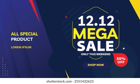 12.12 Mega Sale this weekend Shop now for exclusive deals on special products. Blue gradient banner with light yellow shapes and red accents perfect for boosting your business!