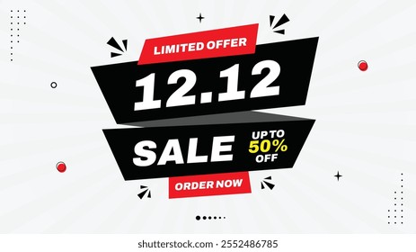 12.12 Sale Banner – Up to 50% Off! Order Now for Limited-Time Deals – Stunning Black, Red, White Gradient Background with Eye-Catching Element Shapes Template – Perfect for Your Next Promotion