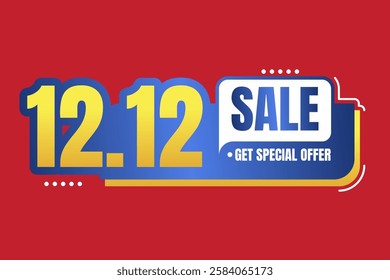 12.12 Sale Banner Design with Bold Typography, Blue and Yellow Gradient Text, and Red Background for Special Discounts and Promotions