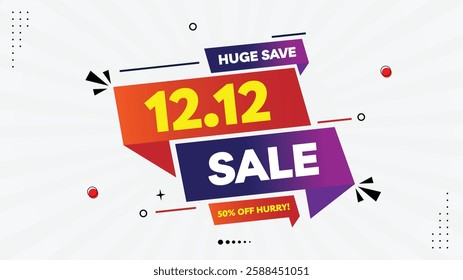 12.12 Sale Banner Template: Get 50% Off! Huge Savings, Hurry! Eye-Catching Element Shapes in Yellow, Purple, Red, White with Gradient Background