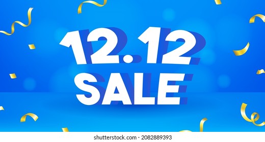 12.12 Venta Cartel de ilustración vectorial. Venta de fin de año, Confeti de oro sobre fondo de bokeh azul.	