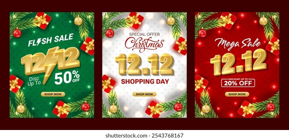 12.12 Venda, Flash Venda Fundo vertical com ramo de Natal, bolas, flocos de neve. Para venda, banner, cartazes, modelos de design de capa, histórias de papel de parede de mídia social. Conceito de Natal de 2025