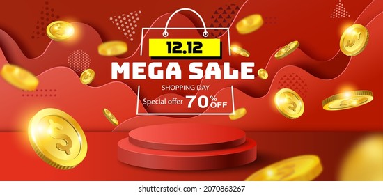 12.12 sale product banner, podium platform with geometric shapes, sale promotion with a discount offer on a special occasion, give voucher, poster or background. - Shutterstock ID 2070863267