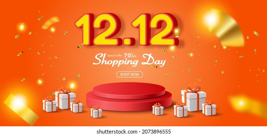 12.12 Sale Product Banner, Podium Platform With Geometric Shapes, 
Sale Promotion With A Discount Offer On A Special Occasion, Give Voucher, Poster Or Background.