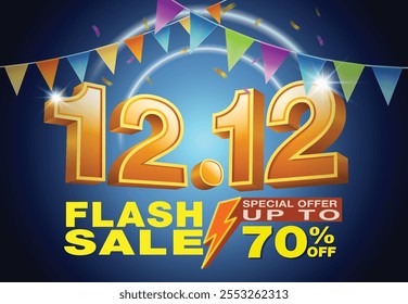 12.12 Modelo de promoção de venda, Texto 3D Número Doze no fundo escuro. Campanha de vendas flash, oferta especial até 70% de desconto. Design para publicidade e vendas. Ilustração vetorial.