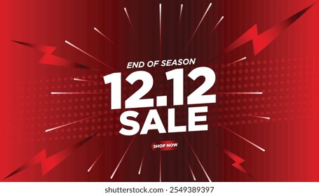 Banner ou cartaz de compras "12.12 Sale" com um efeito explosivo sobre um fundo vermelho. Design de fim de temporada para postagens em mídias sociais, promoções de sites e Campanhas. Arquivo EPS editável.