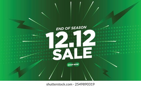 Banner ou cartaz de compras "12.12 Sale" com um efeito explosivo em um fundo verde. Design de fim de temporada para postagens em mídias sociais, promoções de sites e Campanhas. Arquivo EPS editável.