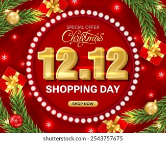 12.12 Fondo del día de compras con la rama de las Navidades, bolas, copos de nieve. En venta, Anuncio, carteles, Plantillas de diseño de portadas, historias de Fondos de pantalla de redes sociales. Concepto de Navidad 2025