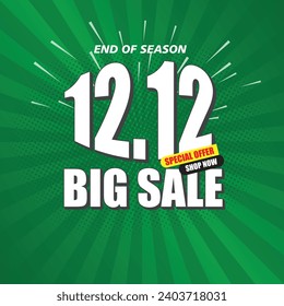 12.12 Shopping Day Big Sale Banner. 3d text on green background. Big sale banner template design for social media and website. Commericial poster, coupon or voucher vector.  