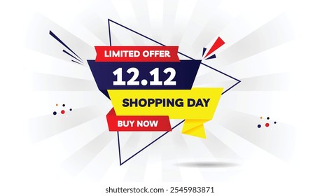 12.12 Shopping Day buy now limited offer banner template with light yellow and dark blue gradient, white background, red shapes, perfect for sales, discounts, and promotions