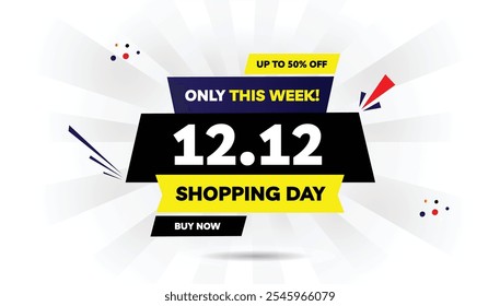 12.12 shopping day editable banner template design with light yellow and dark blue gradient, red shapes on white background, featuring 'only this week and 'up to 50% off' buy now offer perfect sale