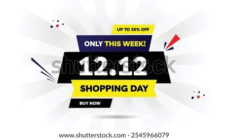 12.12 shopping day editable banner template design with light yellow and dark blue gradient, red shapes on white background, featuring 'only this week and 'up to 50% off' buy now offer perfect sale