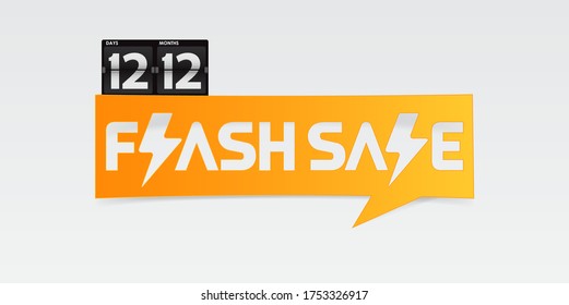 12.12 Shopping day flash sale banner, discount labels with thunder symbol and flip clock template design paper cut style. July special offer poster, flyer design in orange color speech bubble. Vector.