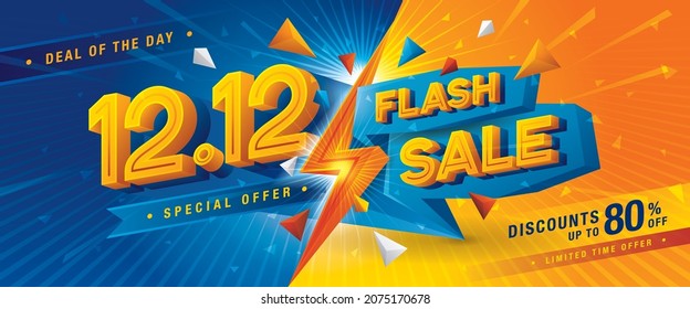 12.12 Shopping Day Flash Sale Banner Template design special offer discount, Shopping banner template, Abstract thunderbolt, blue Triangle flash Sale Web Header template for Sale discount promotion