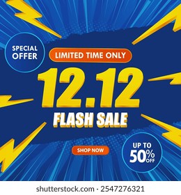 12.12 Día de compras Flash Venta Anuncio Plantilla. Venta de fin de año. 12 de diciembre. Vacaciones de compras, ventas, descuentos, promoción, anuncios, Anuncio