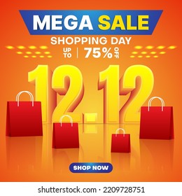 12.12 shopping day mega sale banner or poster with realistic shopping bag and number 12.12