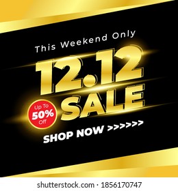 12.12 Shopping Day Sale Banner Background With Black Gold Colour. 
12 December Sale Poster Template, Promotion Mega Sale, Super Sale 12. 
Vector Illustration