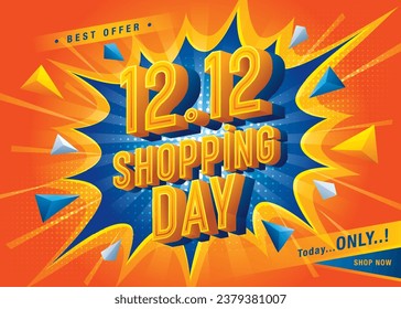 12.12 Shopping Day Sale Banner Template Design Sonderangebot Rabatt, Shopping Banner Kondensierte Schrift, Abstrakte Triangle Comic Splash Web Header Vorlage für Verkauf und Rabatt Labels. Werbeplakat