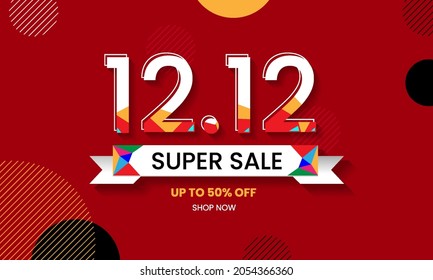 1212 shopping day sale colorful on red background, up to 50% off. Discount promotion layout banner template design. Vector illustration