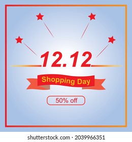 12.12 Shopping day sale poster or flyer design. Global shopping world day Sale on blue sky background, red ribbon and stars. 12.12 Crazy sales online vector