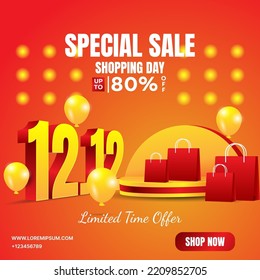 12.12 shopping day square banner with shopping bag, podium, balloons and the lights