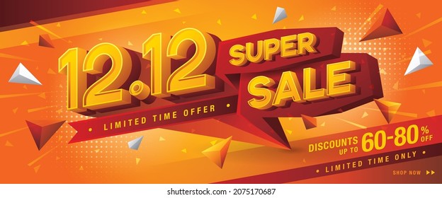 12.12 Día de compras Super Venta Banner Template diseño especial descuento oferta, planilla de banner de compras, Abstract Red Triangle super Sale plantilla de cabecera web para publicidad de venta y descuento.