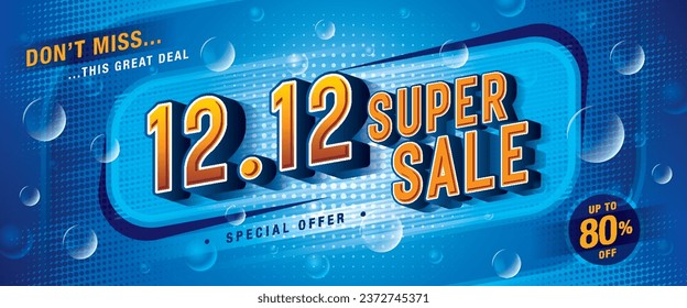 12.12 Día de compras Modelo de Banner de súper venta Modelo de diseño especial oferta de descuento, banner de compras Tipo condensado de letra, Abstract Blue Bubble Web Header plantilla para etiquetas de descuento de venta. Cartel de promoción de ventas.