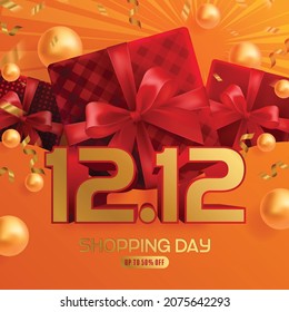 12.12 Shopping festival, Speech marketing banner design on  background and round podium  gift box, red ribbon and gold  Floating Ribbon with craft style.